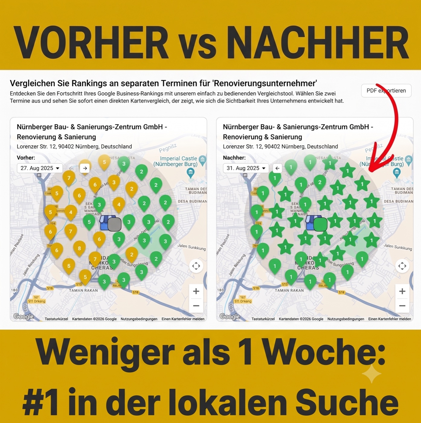Google Maps Ranking Vorher-Nachher – von Platz 3 bis 7 auf Platz 1 in der lokalen Suche in weniger als einer Woche